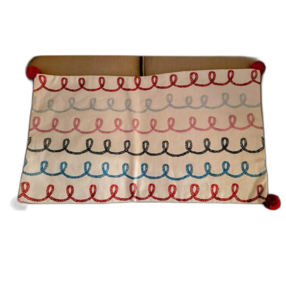 West Elm Meri Meri Swirl 12" x 21" Embroidered Pillow Cover w Pom Pom Trim NEW - Picture 4 of 4